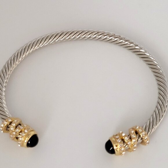 Silver Tone Braided Cuff Bracelet Gold Tone & Rhinestone Ends - Picture 1 of 7